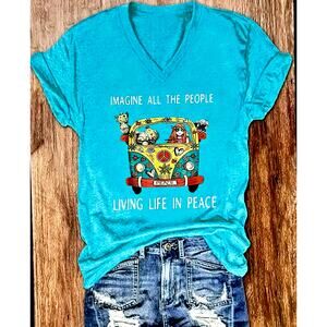 Vibrant T Shirt Imagine All The People Living Life in Peace Cyan Multiple Sizes